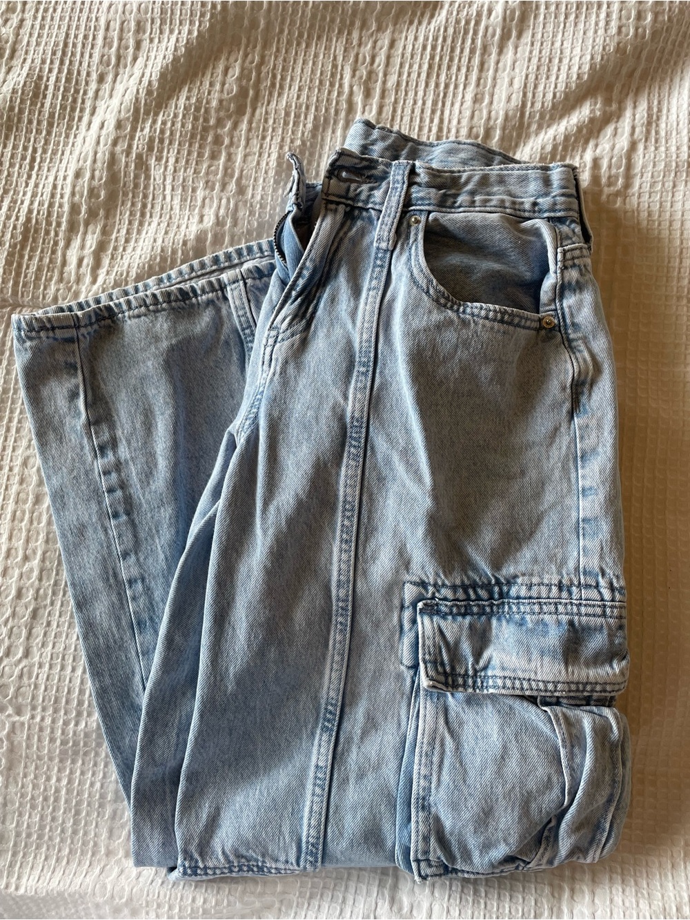 Girls Light Blue Cargo Wide Leg Jeans